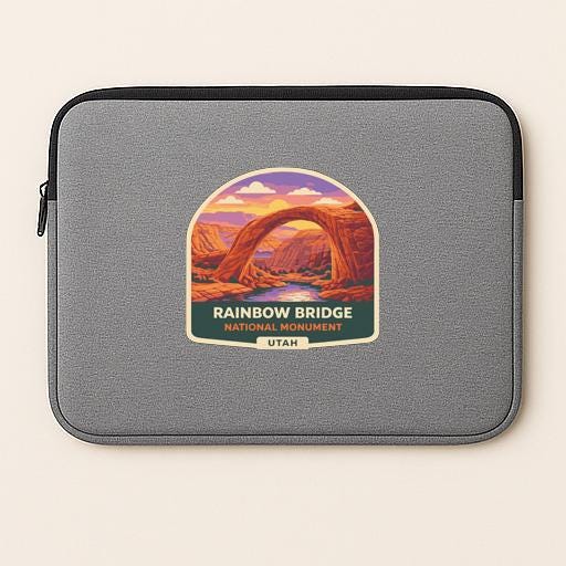 A gray laptop sleeve with a graphic design depicting the Rainbow Bridge, a famous landmark in Utah.