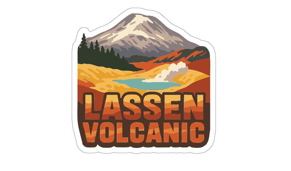 A sticker or label featuring a mountain landscape with a volcano, along with the text "LASSEN VOLCANIC" prominently displayed.
