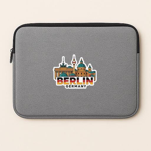 a gray laptop sleeve with a sticker of Berlin, Germany, prominently displayed on it.