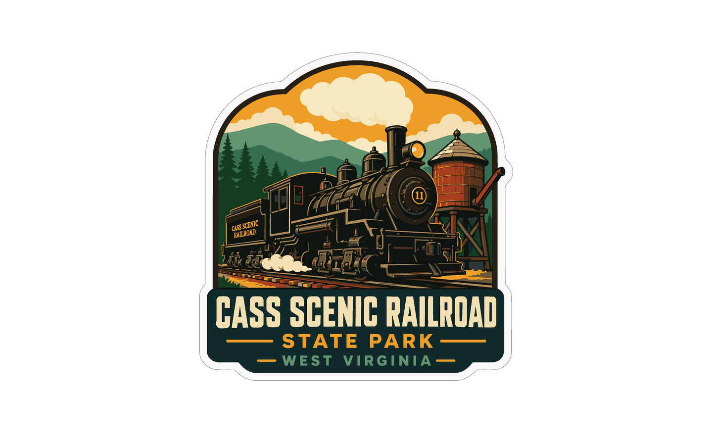 a vintage-style illustration of a steam locomotive on a track, with mountains and trees in the background, and the text "CASS SCENIC RAILROAD STATE PARK WEST VIRGINIA" below the image.