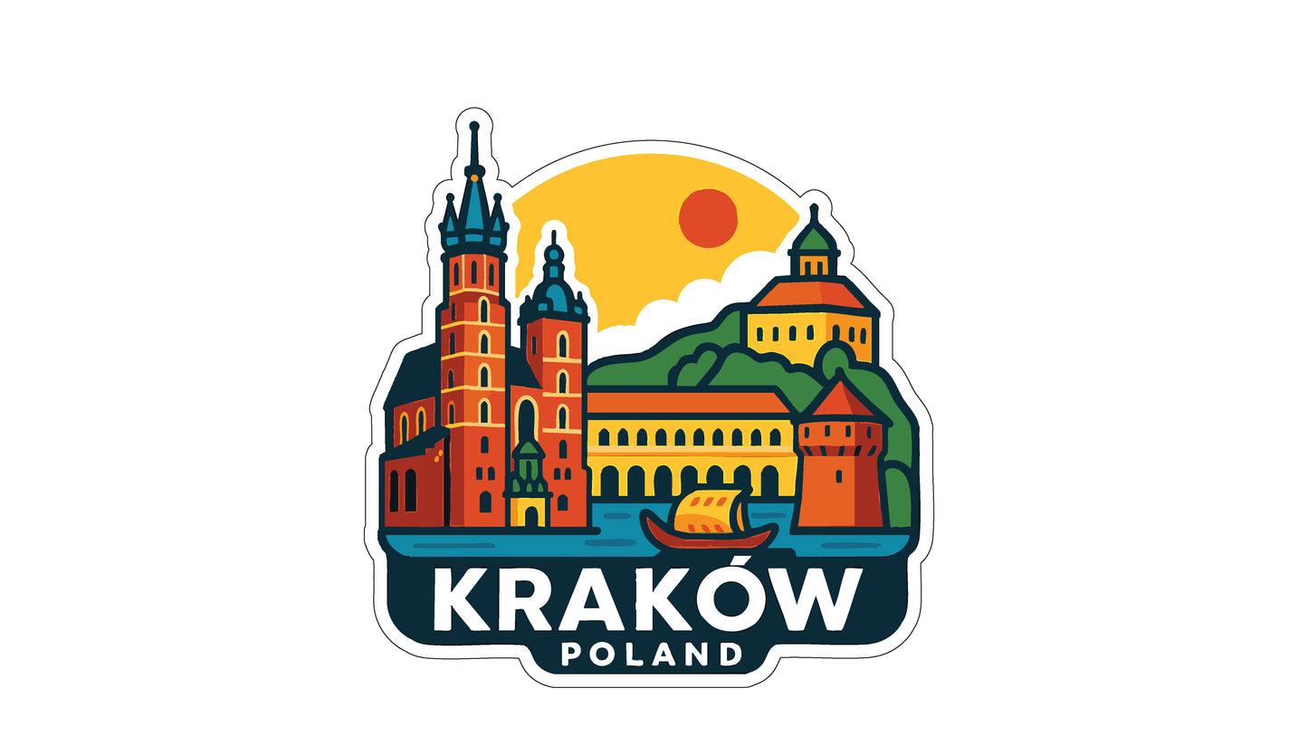 a colorful illustration of the city of Krakow, Poland, with various landmarks and buildings depicted in a stylized manner.