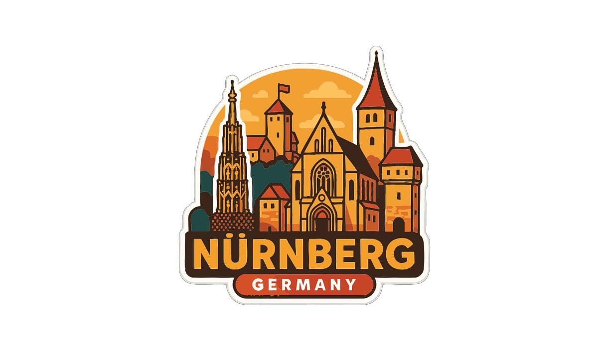 a stylized illustration of the Nürnberg skyline in Germany, with various architectural elements such as spires, towers, and buildings depicted in a colorful and detailed manner.