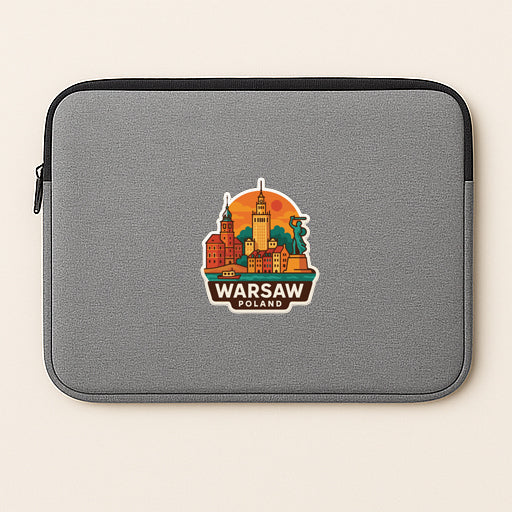 A gray laptop sleeve with a graphic of Warsaw, Poland, featuring a cityscape and the text "WARSAW POLAND" printed on it.