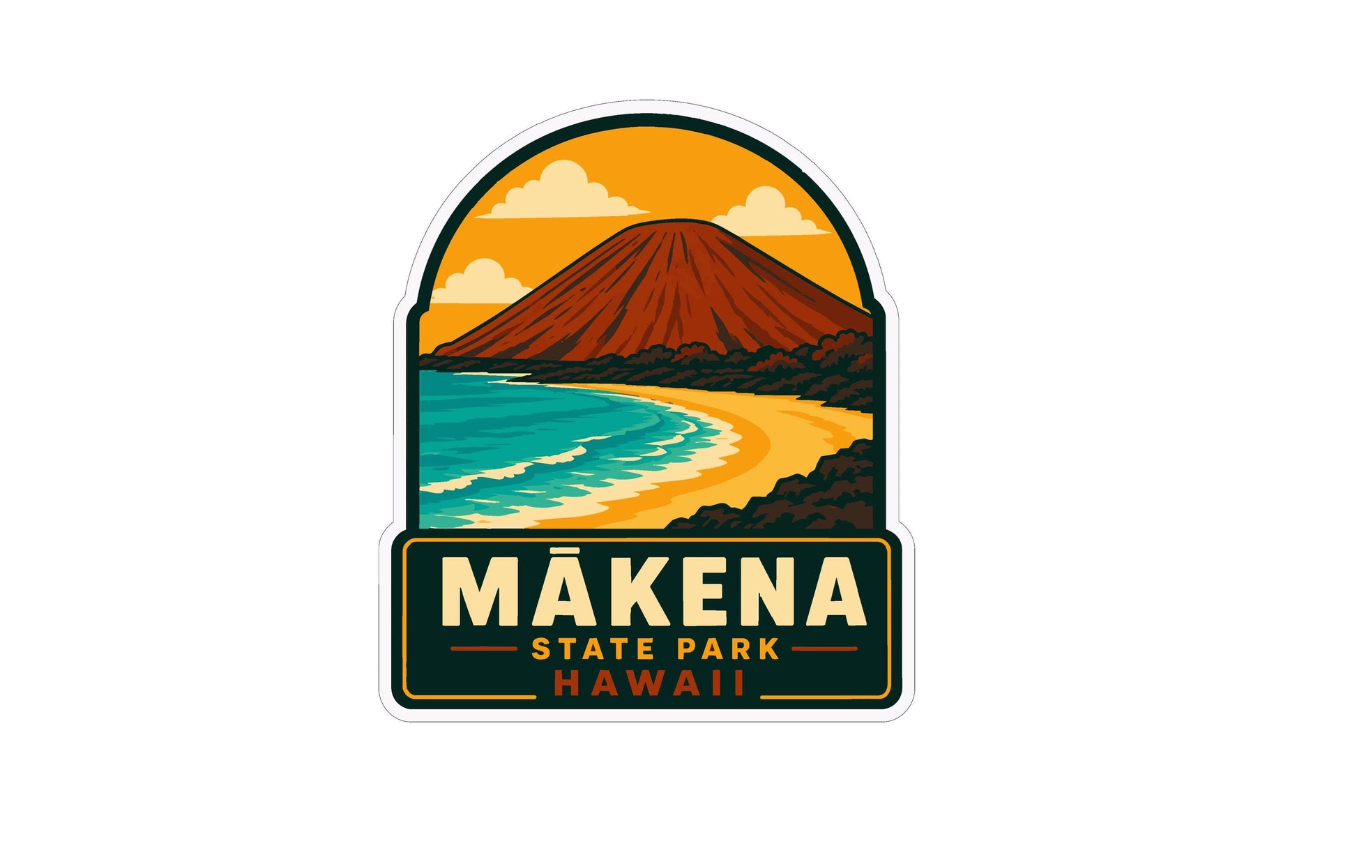 a sticker or label with a stylized illustration of a mountain, beach, and ocean. The text "MAKENA STATE PARK HAWAII" is prominently displayed, indicating the location or theme of the image.