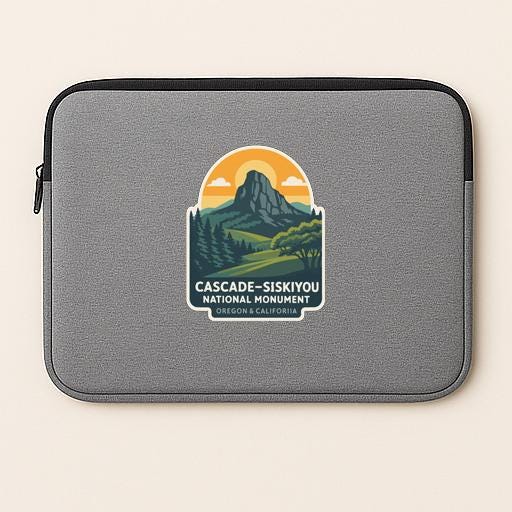 A gray laptop sleeve with a sticker featuring a mountain landscape and the text "CASCADE-SISKIVOU NATIONAL MONUMENT OREGON & CALIFORNIA".