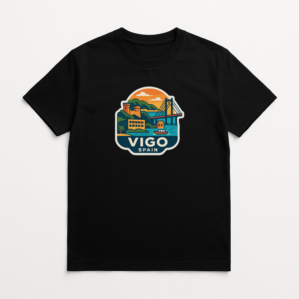 A black t-shirt with a graphic design depicting a scenic view of Vigo, Spain.
