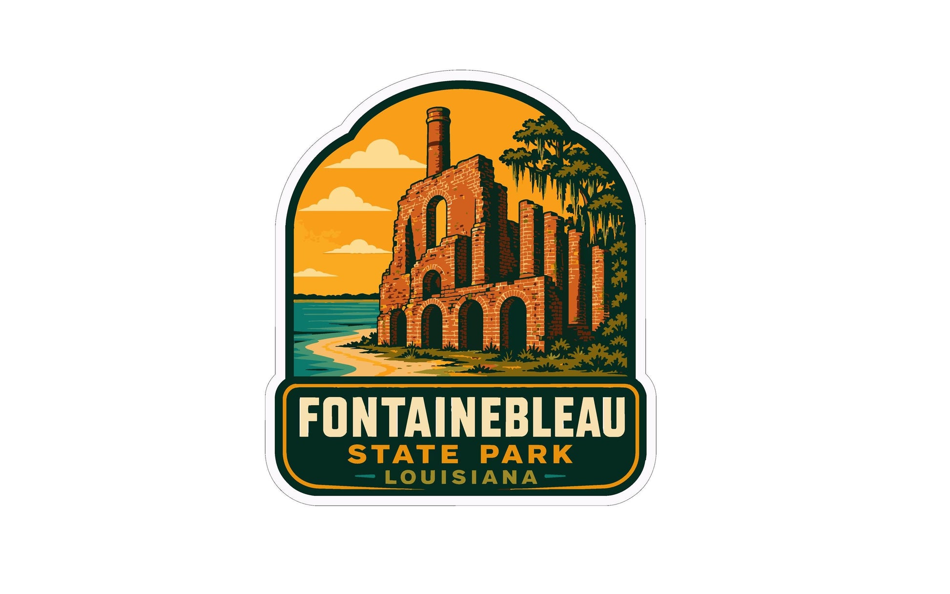 a sticker or emblem with an illustration of a castle or building, surrounded by a tropical landscape with palm trees and a body of water. The text "FONTainebleau State Park - Louisiana" is prominently displayed, indicating the location of the landmark.