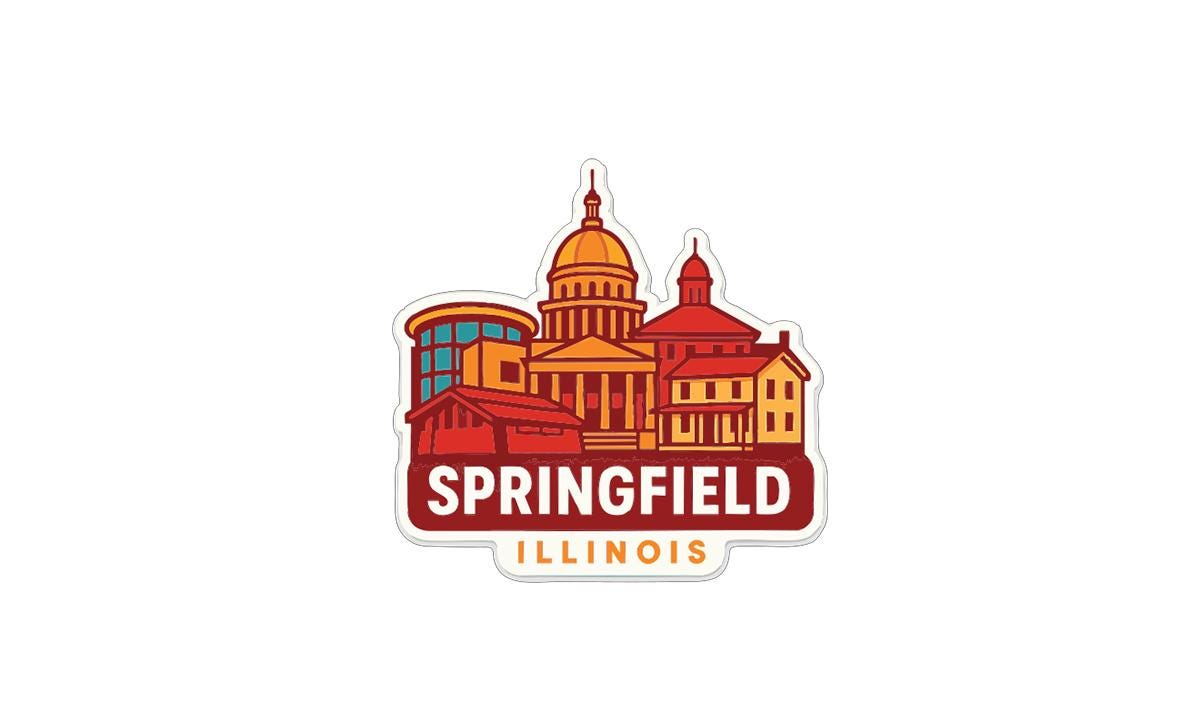 A sticker or emblem featuring the skyline of Springfield, Illinois, with various buildings and landmarks depicted in a stylized manner.