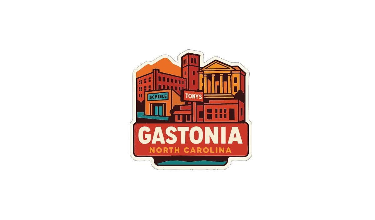 a colorful sticker or emblem with the text "GASTONIA NORTH CAROLINA" prominently displayed.