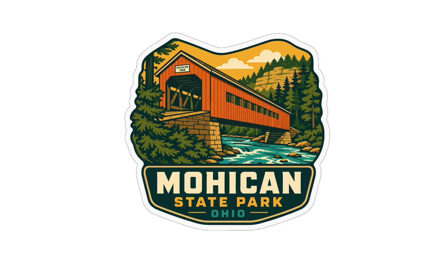 A sticker or emblem featuring a wooden bridge over a river, surrounded by trees and mountains, with the text "Mohican State Park, Ohio" prominently displayed.