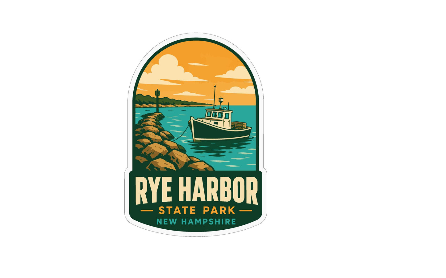 A sticker depicting a boat on the water near a rocky shore, with the text "RYE HARBOR STATE PARK NEW HAMPSHIRE" prominently displayed.