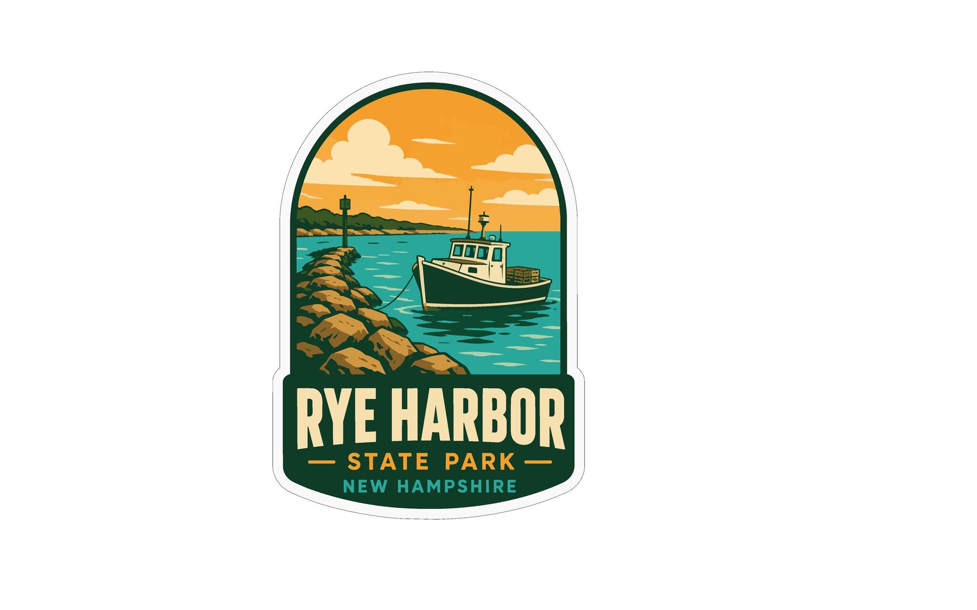 A sticker depicting a boat on the water near a rocky shore, with the text "RYE HARBOR STATE PARK NEW HAMPSHIRE" prominently displayed.
