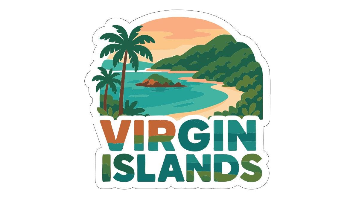A sticker depicting a tropical island landscape with palm trees, a beach, and a body of water.