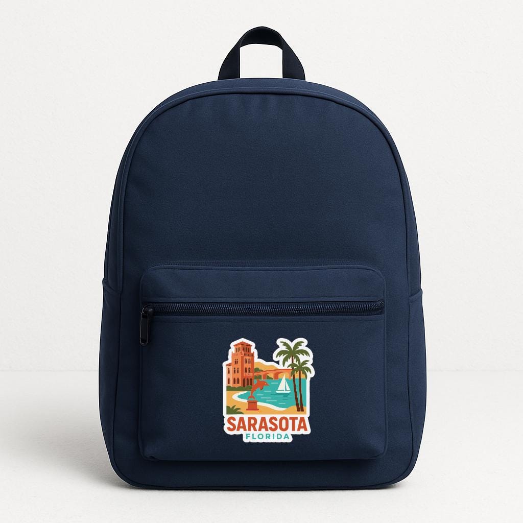 A navy blue backpack with a graphic of a building and palm trees, along with the text "SARASOTA FLORIDA" printed on it.