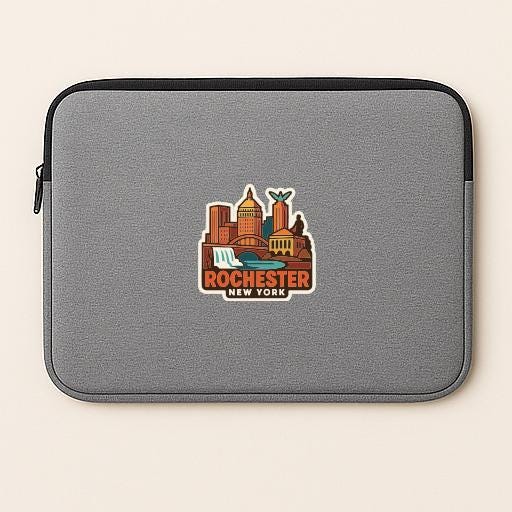 A gray laptop sleeve with a sticker of the Rochester, New York skyline printed on it.