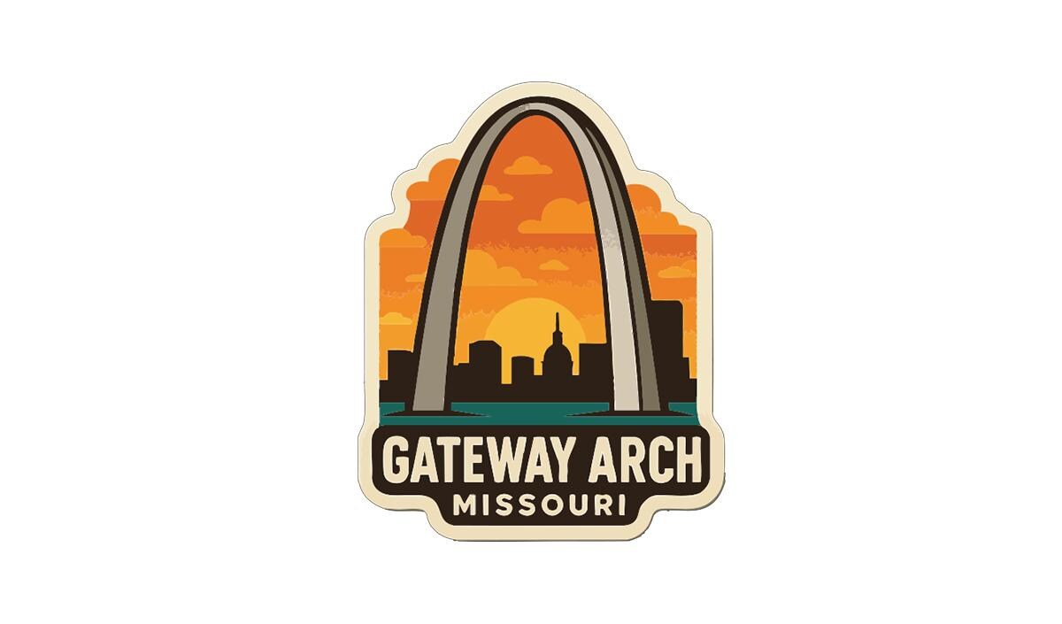 A sticker or emblem featuring the Gateway Arch in Missouri, with a city skyline in the background.