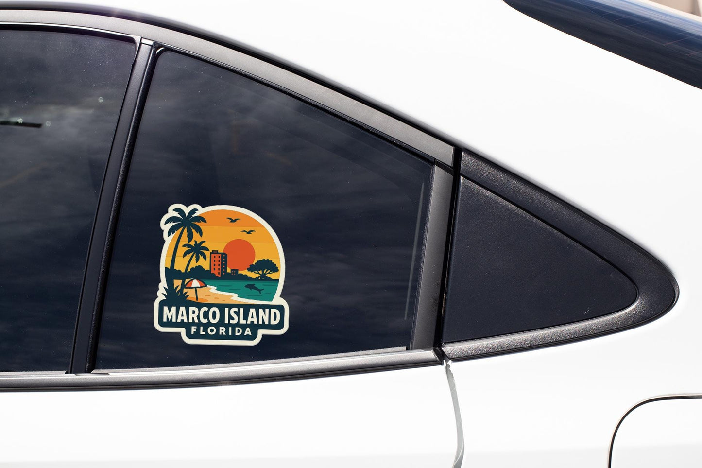 A sticker on the side of a car window, depicting a tropical beach scene with palm trees and a sunset.