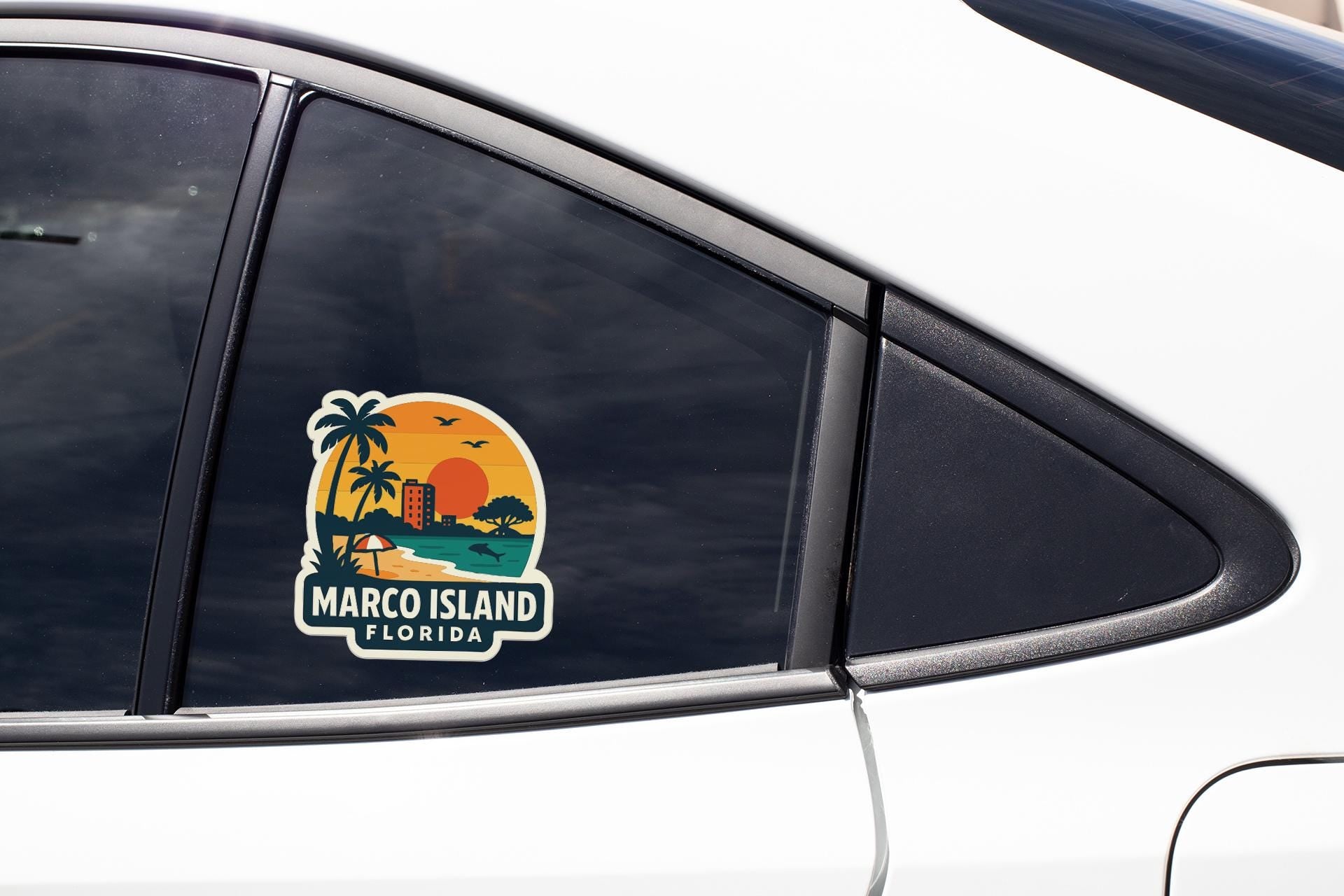 A sticker on the side of a car window, depicting a tropical beach scene with palm trees and a sunset.