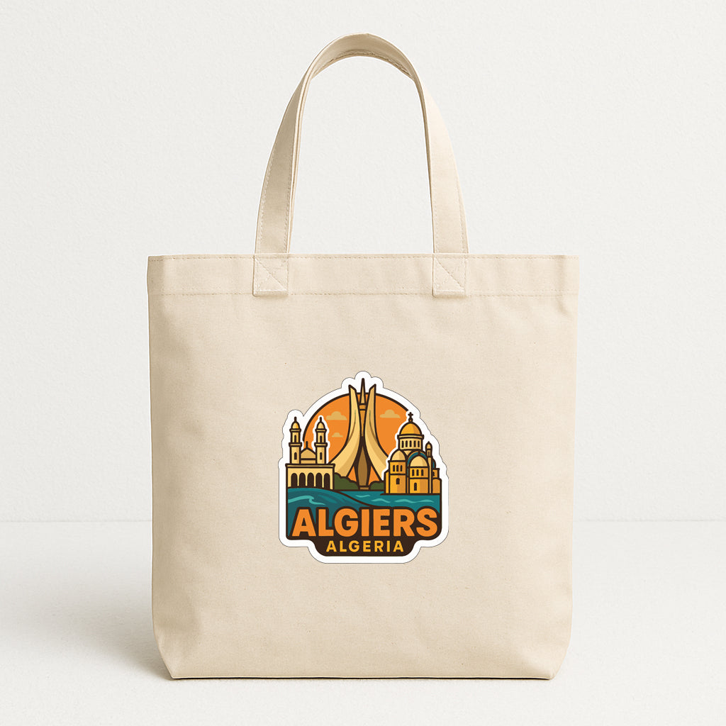 A beige tote bag with a graphic design featuring the city of Algeria.