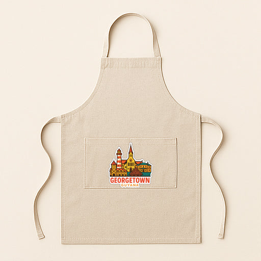 A beige apricot with a graphic of a town on it, featuring a lighthouse and buildings.