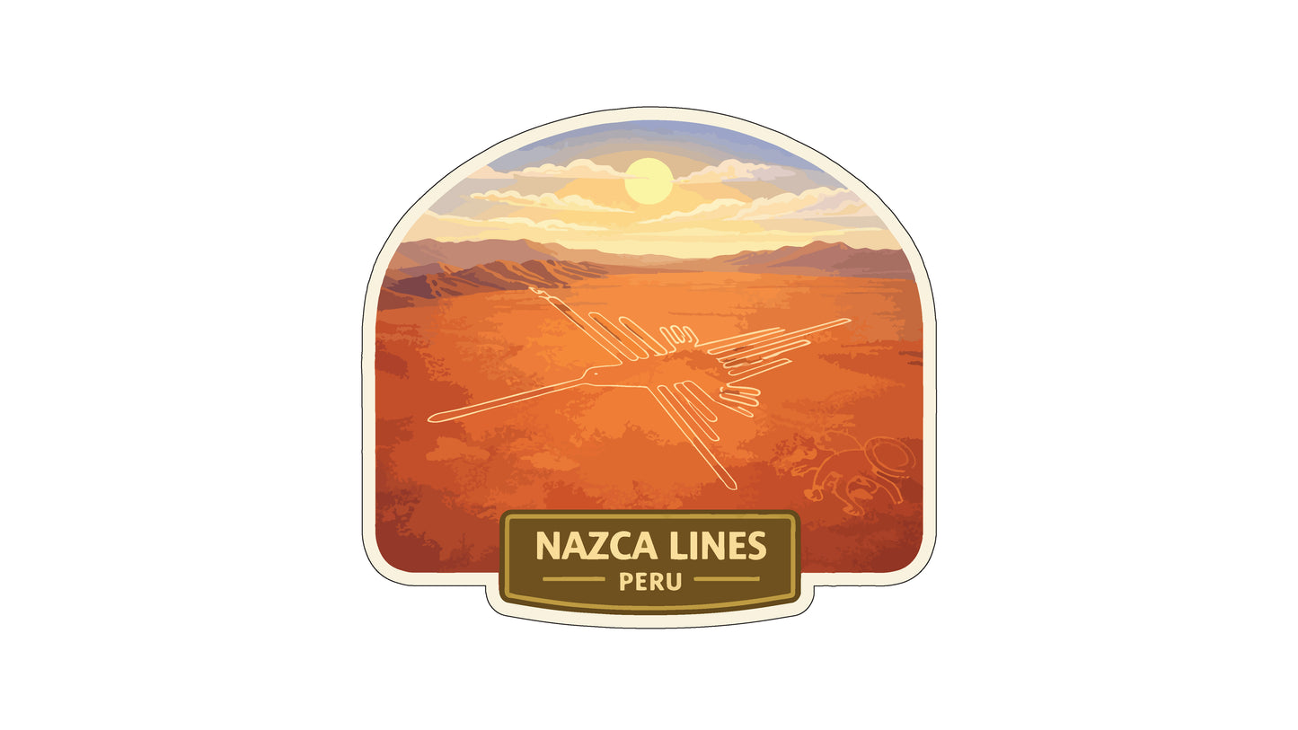 a desert landscape with mountains in the background and a bird flying over the scene. The text "NAZCA LINES PERU" is displayed below the image.