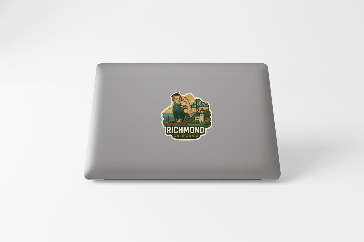 a sticker on the back of a laptop that says "Richmond, California".