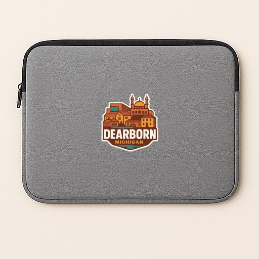 A gray laptop sleeve with a logo of Dearborn, Michigan printed on it.