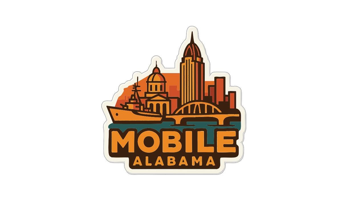 a stylized illustration of the Mobile, Alabama skyline, including a prominent skyscraper, a bridge, and a boat.