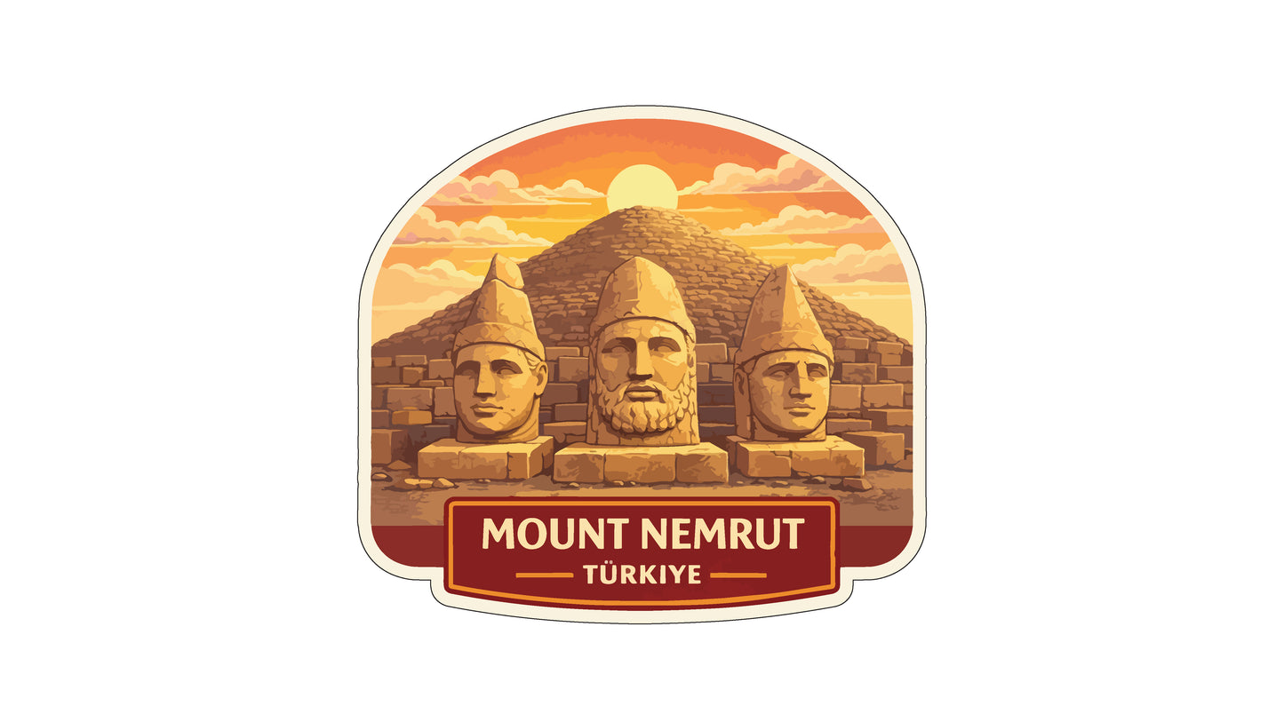 three stone statues of men, each with a distinct facial expression, set against a backdrop of a pyramid and a sunset. The text "MOUNT NEMRUT" and "TURKISH" is displayed below the statues, indicating the location and language of the image.