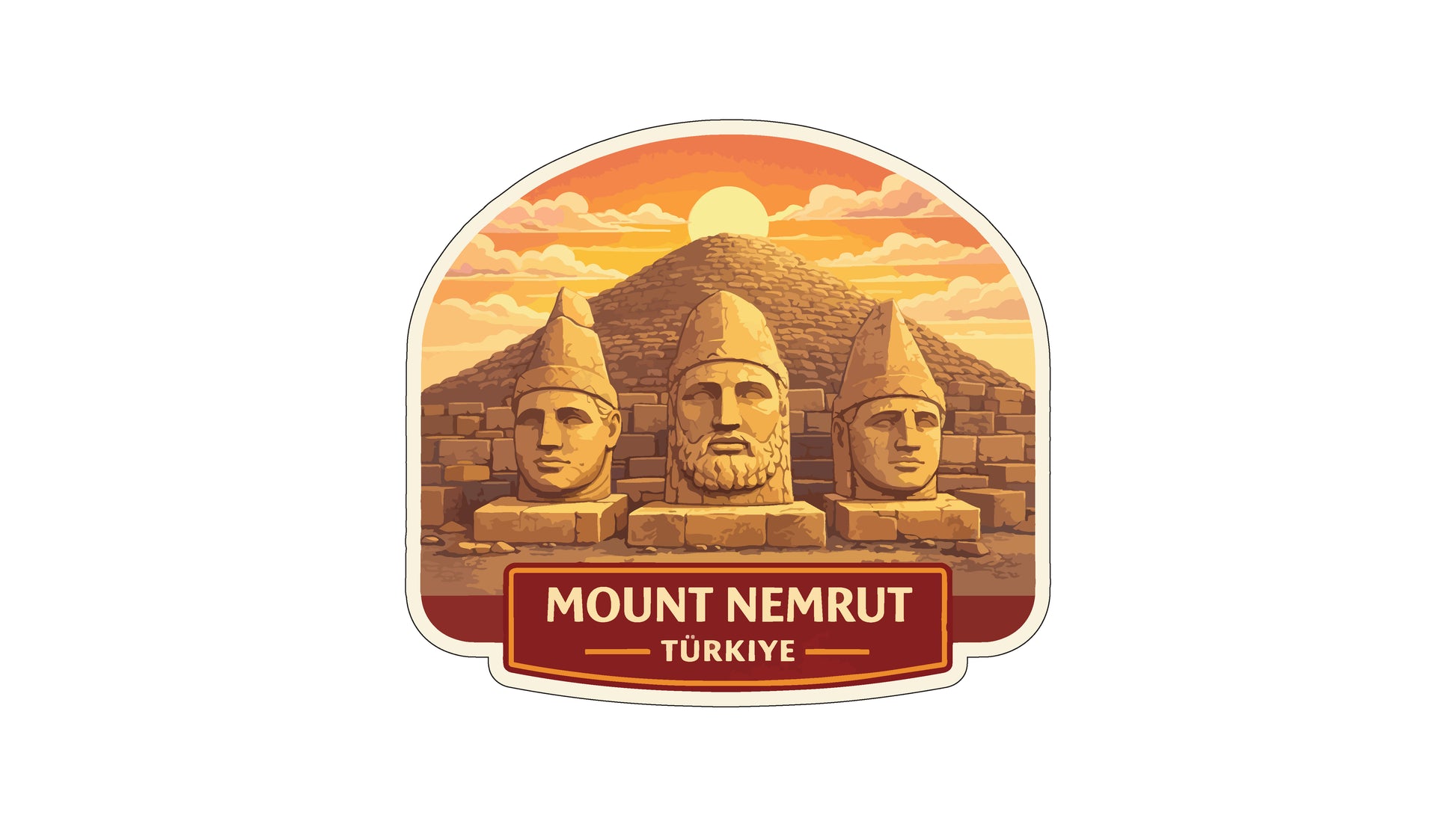 three stone statues of men, each with a distinct facial expression, set against a backdrop of a pyramid and a sunset. The text "MOUNT NEMRUT" and "TURKISH" is displayed below the statues, indicating the location and language of the image.