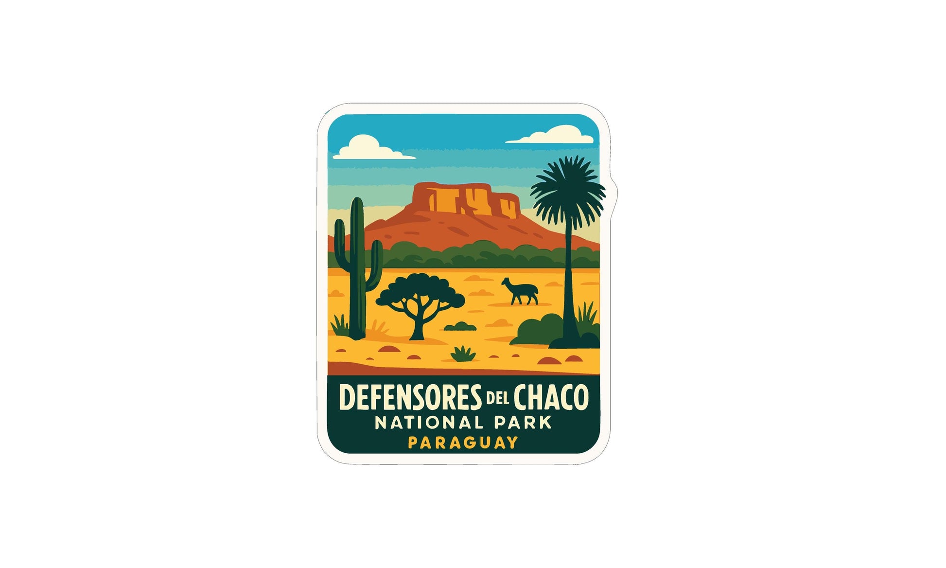 A sticker depicting a desert landscape with mountains, cacti, and a lone animal, likely a llama or similar animal, in the foreground.