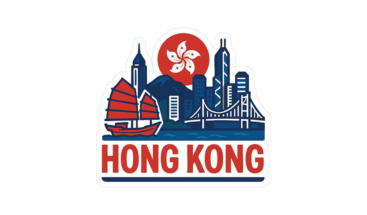 a sticker with a picture of a city in the background