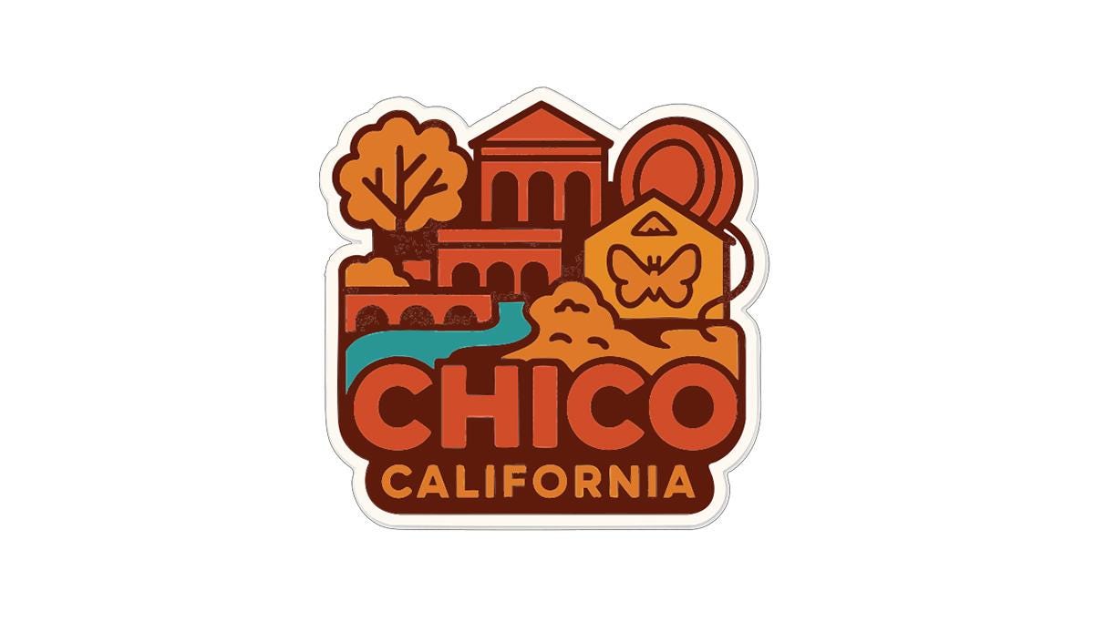 A sticker or logo featuring a stylized illustration of a cityscape with various elements such as buildings, trees, and a butterfly.