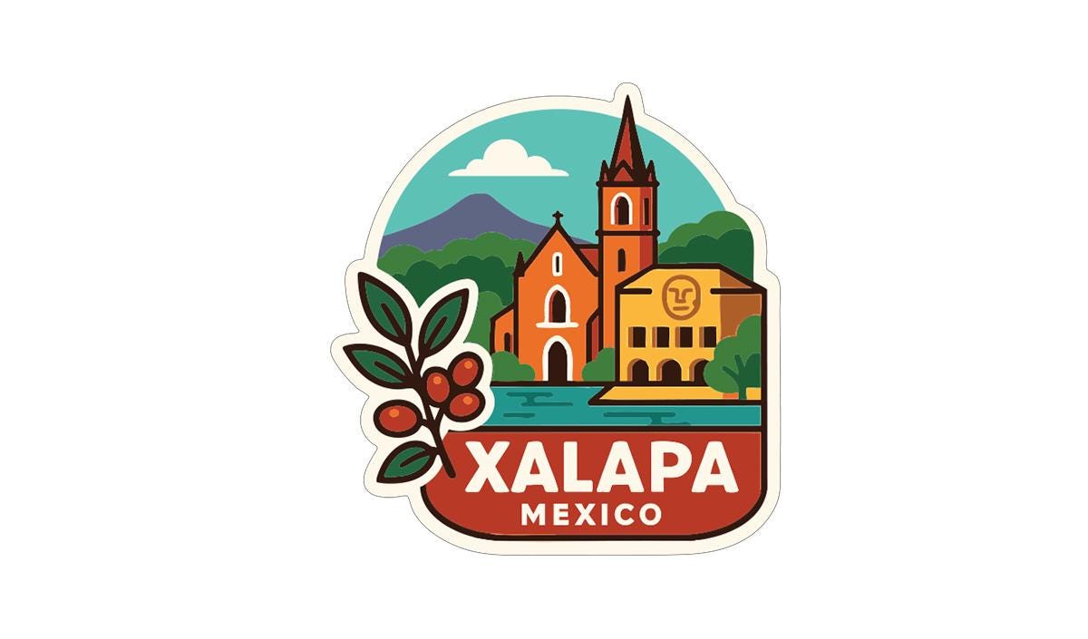 a colorful illustration of a landmark in Xalapa, Mexico, with a church, mountains, and a river in the background.