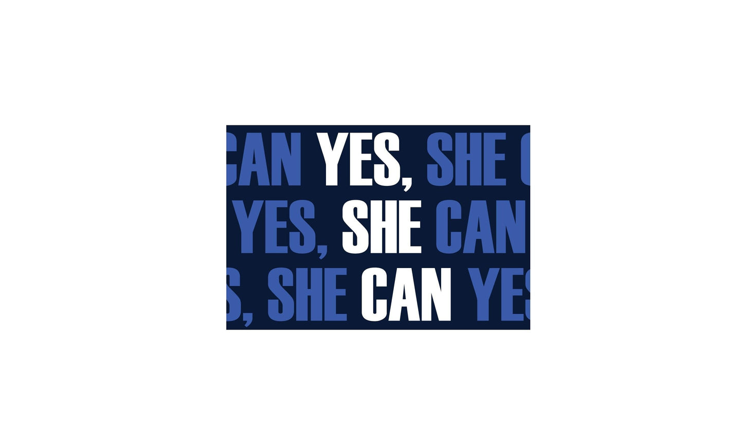 a blue and white poster with words that say, fan yes, she yes,