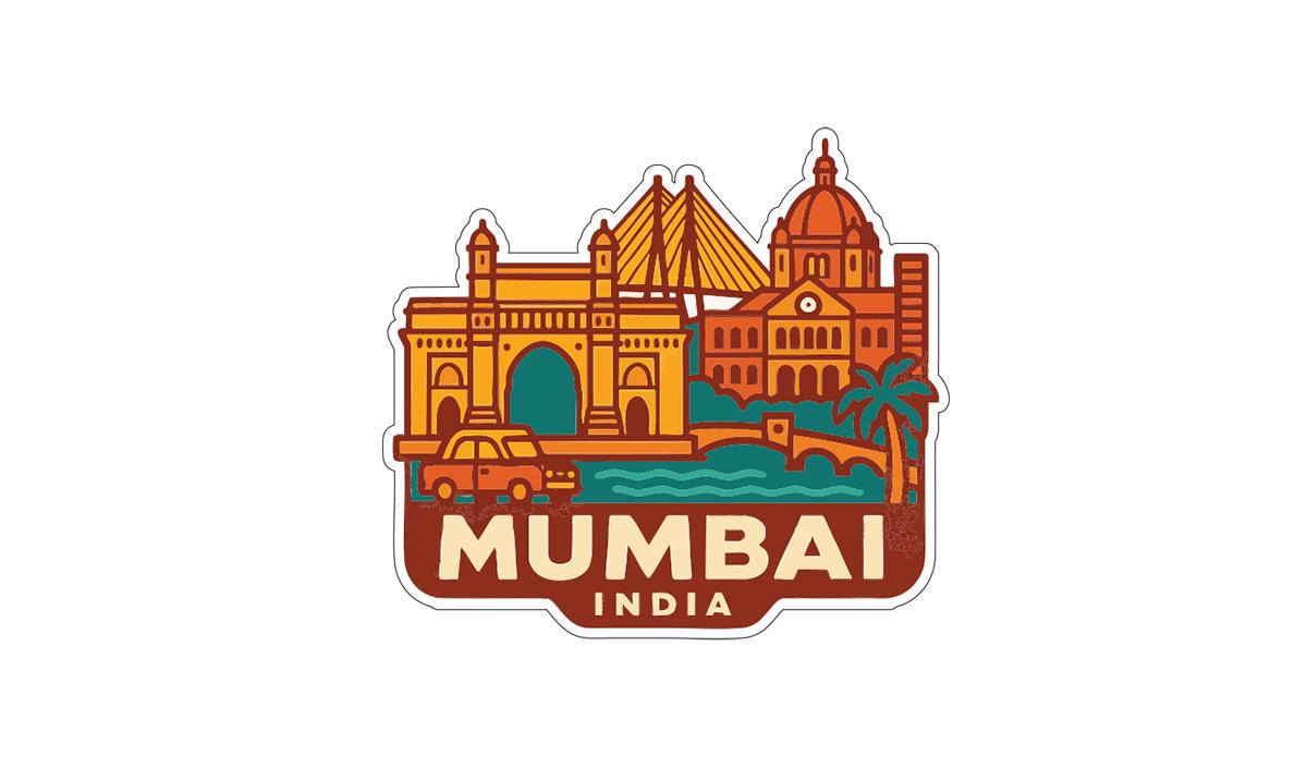 The image is a sticker or illustration depicting the city of Mumbai, India, showcasing its iconic landmarks and architecture.