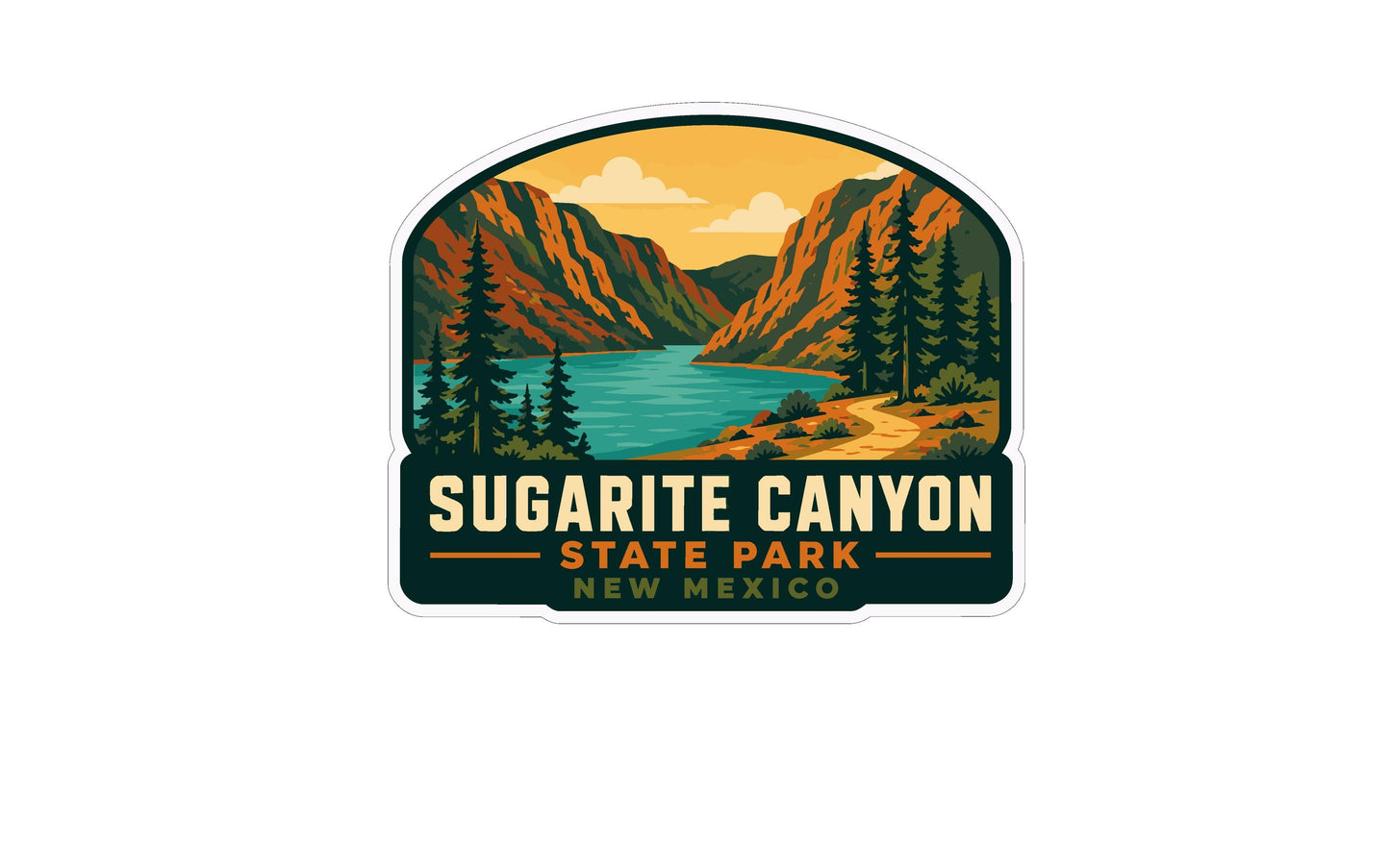 A sticker or emblem featuring a scenic landscape with mountains, a lake, and pine trees, along with the text "SUGARITE CANYON STATE PARK NEW MEXICO".