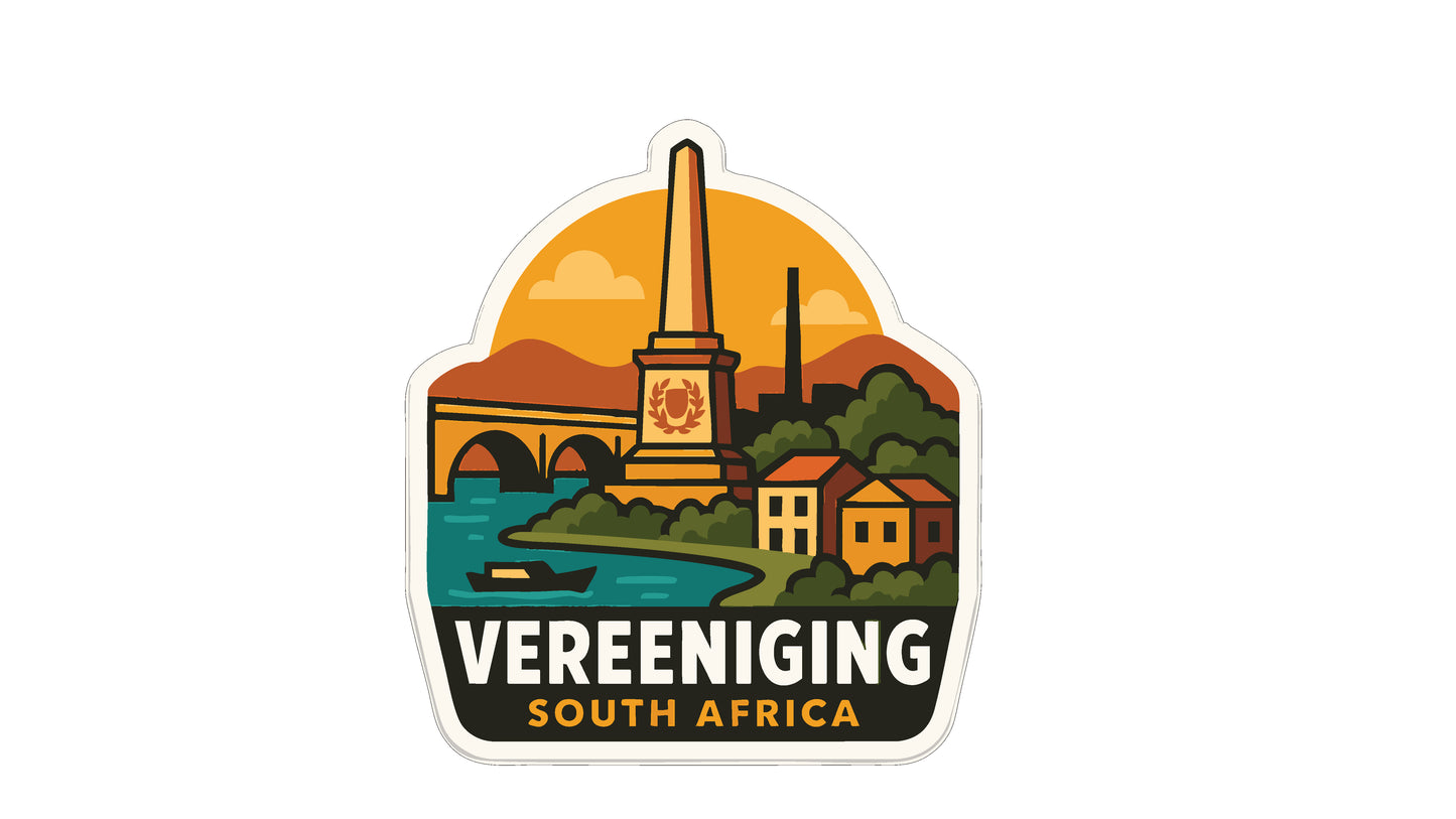 a sticker or emblem with a stylized illustration of a cityscape, including a tall obelisk, a bridge, and buildings. The text "Vereeniging South Africa" is prominently displayed, indicating the location or theme of the image.