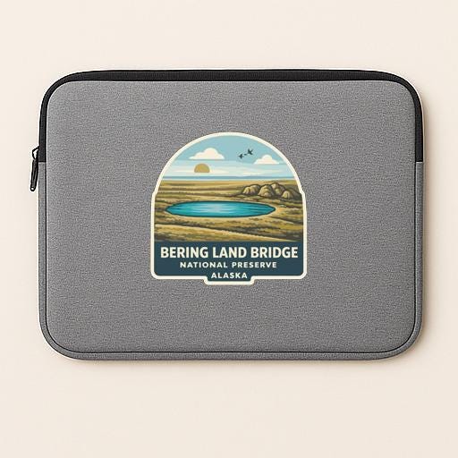 a gray laptop sleeve with a logo for the Bering Land Bridge National Preserve in Alaska.