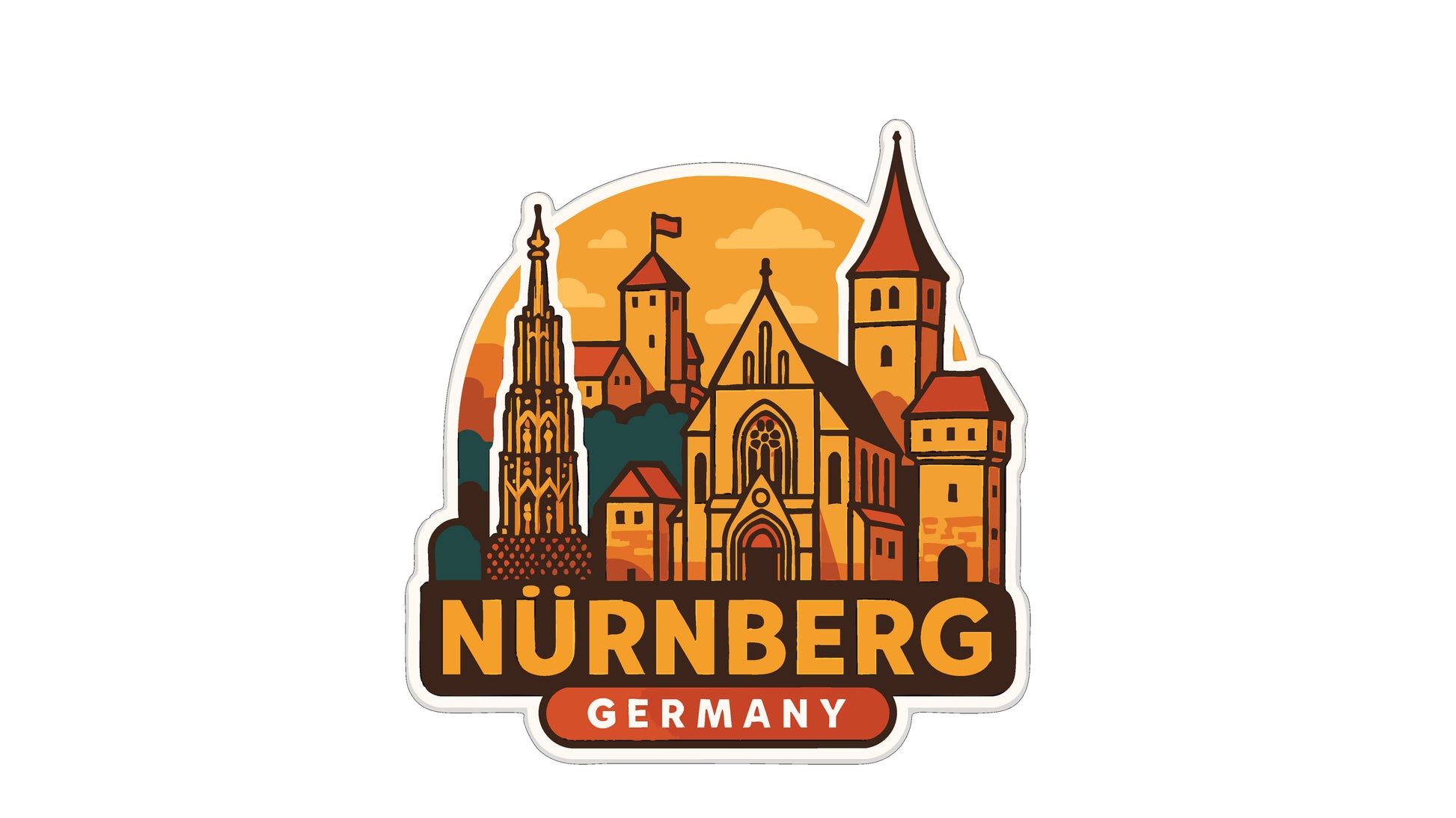 a sticker or emblem with a stylized illustration of a city skyline, including a church, surrounded by a circular border. The text "NÜRNBERG GERMANY" is prominently displayed in the center of the image.