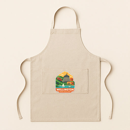 A beige apricot with a printed logo of Wellington, New Zealand, on it.