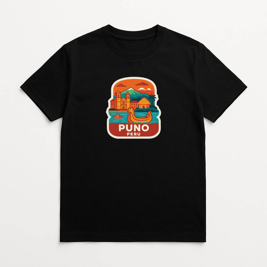 A black t-shirt with a colorful graphic depicting a scenic view of Peru, including mountains, buildings, and a river.