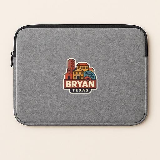 A gray laptop sleeve with a colorful graphic of a city skyline and the text "BRYAN TEXAS" printed on it.
