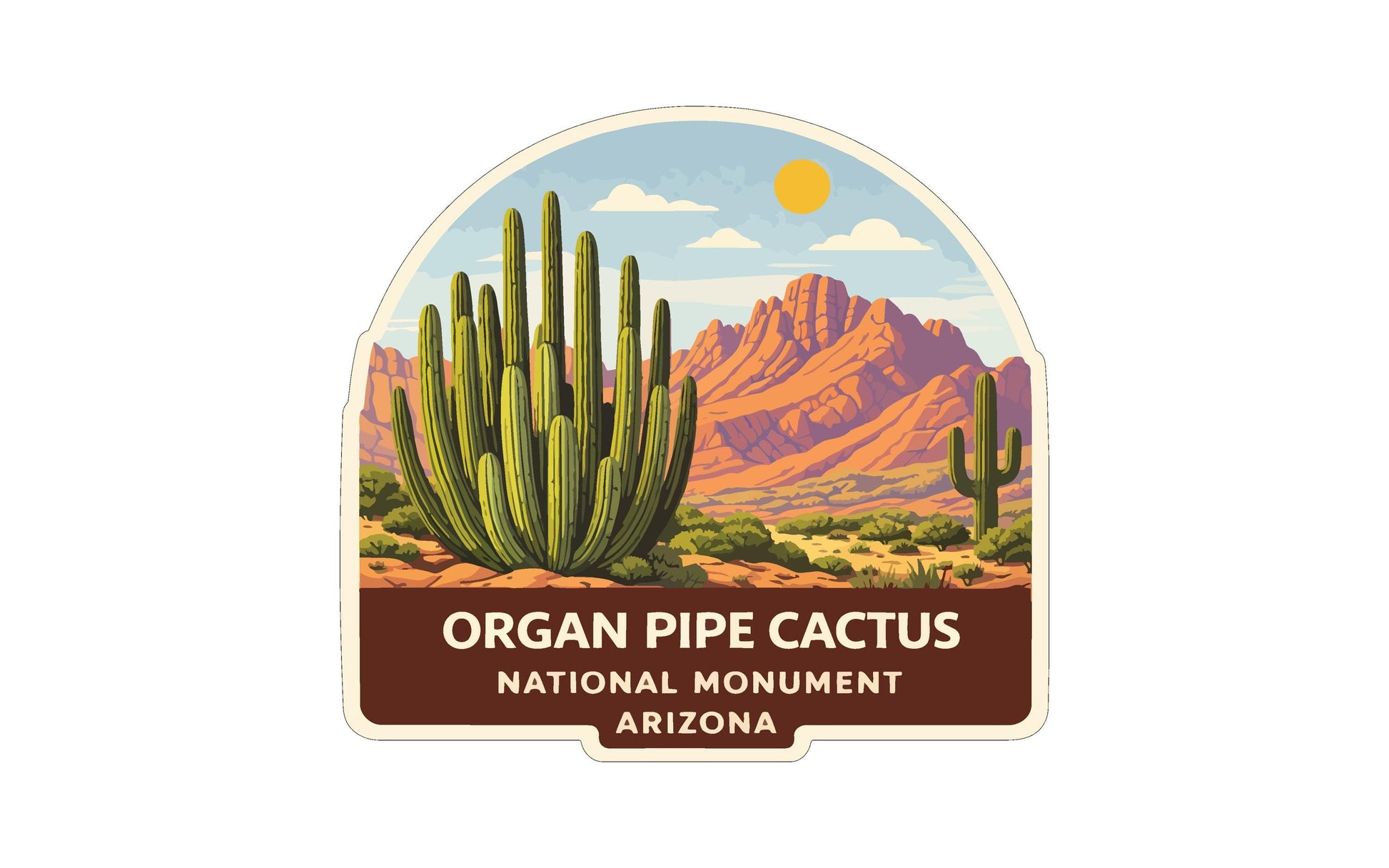 a label or sticker with an illustration of a cactus plant and mountains in the background, representing the Organ Pipe Cactus National Monument in Arizona.