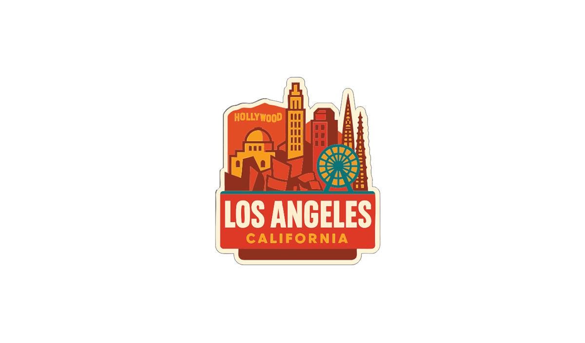 A sticker or emblem featuring the iconic skyline of Los Angeles, California, with various landmarks and buildings depicted in a stylized manner.