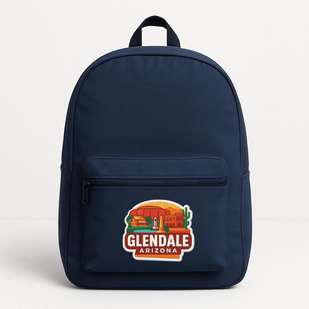 A navy blue backpack with a graphic of Glendale, Arizona on the front pocket.