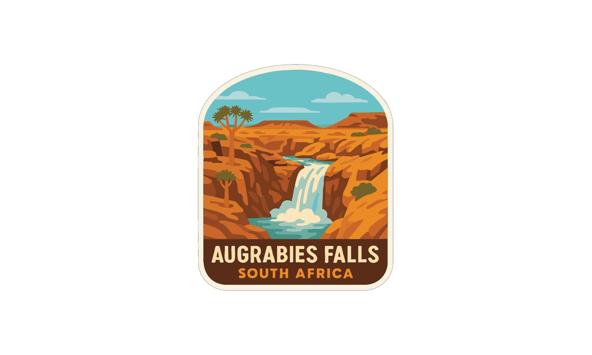 a stylized illustration of a waterfall surrounded by a desert landscape, with the text "AUGURABIES FALLS SOUTH AFRICA" prominently displayed.