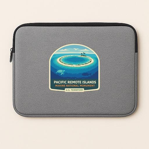 a gray laptop sleeve with a sticker depicting the Pacific Remote Islands, which is a marine national monument located in the U.S. territory.