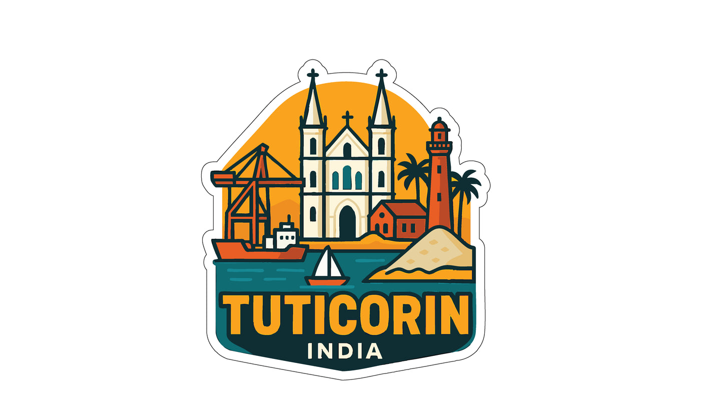 The image is a sticker or emblem featuring the city of Tutihin, India. It includes various landmarks such as a church, lighthouse, palm trees, a boat, and a mountain. The text "TUTICORIN INDIA" is prominently displayed, indicating the name of the city.