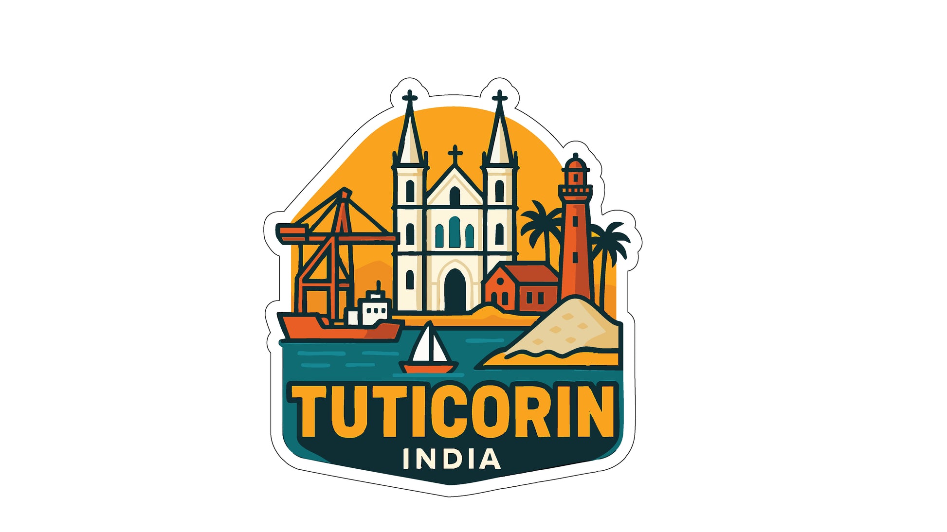 The image is a sticker or emblem featuring the city of Tutihin, India. It includes various landmarks such as a church, lighthouse, palm trees, a boat, and a mountain. The text "TUTICORIN INDIA" is prominently displayed, indicating the name of the city.